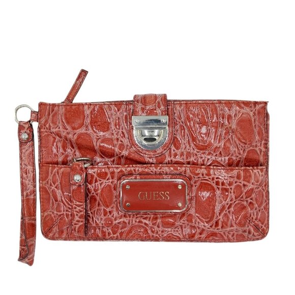 Guess Brooke Clutch Bag Red Faux Leather 3 Zippers - Picture 1 of 15